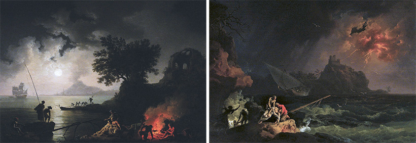 Pierre-Jacques Volaire (French, 1729–1799), View of Naples in Moonlight (left) and Scene of a Shipwreck (right) (1770), oil on canvas. The Huntington Library, Art Collections, and Botanical Gardens.