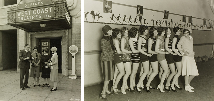 Left: Marco Wolff, far left, with three unidentified women outside the Los Angeles home office of West Coast Theatres, one of the largest theater owners and operators in the country. Fanchon and Marco did business with them and provided shows for all of their theaters. Photograph by Harry Wenger. Right: Fanchon Wolff, far left, and performers rehearsing for the “Opportunity Idea,” 1928. Unidentified photographer.