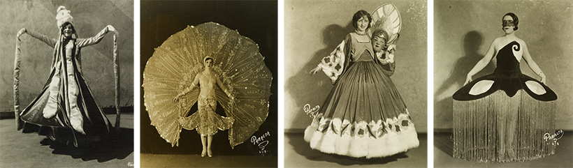 From left to right: A dancer wearing an “asparagus top” headpiece for the “Salad Idea,” photograph by Harry Wenger; a dancer in the “Peacock Idea,” 1927, photograph by Paralta Studios; a dancer in the “Masks Idea,” 1927, photograph by Paralta Studios; Norma Wilson in the “Masks Idea,” 1927, photograph by Paralta Studios.