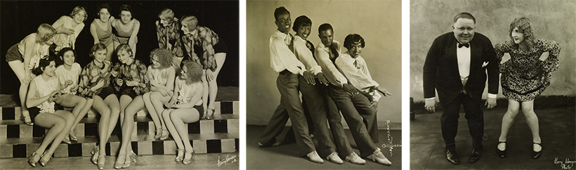 Left: “Seeing Double Idea,” 1930. A reviewer in the Los Angeles Times commented: “whether they are real twins or stage twins, in every case, doesn’t matter. Each pair looks convincingly alike, and they include comedians, tumblers, fun-makers, and dancers.” Photograph by Harry Wenger. Center: The Four Covans (1928), a tap dance group featuring dancing sensation Willie Covan (third from left), his brother Dewey, and their wives. Photograph by Paralta Studios. Right: Roscoe “Fatty” Arbuckle and Nita Martan, stars of “College Capers Idea,” 1928. According to the Los Angeles Times: “F&M, gunning for big names for their stage Ideas, have just signed…Arbuckle to star in person in ‘College Capers’…in the role of the fat campus freshie.” Photograph by Harry Wenger.