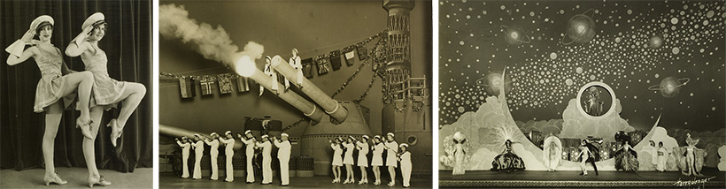 Left: “Yachting Idea,” 1926. Unidentified photographer. Center: “Gobs of Joy Idea,” 1929. Photograph by Harry Wenger. Right: “Moonlit Waters Idea,” 1927. Variety commented: “F&M have taken advantage of the pop song of the same title and utilized other ‘moon’ songs for this newest of Ideas.”