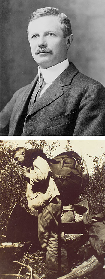 Top: Portrait of Frederick Jackson Turner (1861–1932), ca. 1905. Unidentified photographer. The Huntington Library, Art Collections, and Botanical Gardens. Bottom: Frederick Jackson Turner “on the portage,” according to the label for this image in one of the Turners’ photograph albums of their 1908 canoe trip. Unidentified photographer. The Huntington Library, Art Collections, and Botanical Gardens.