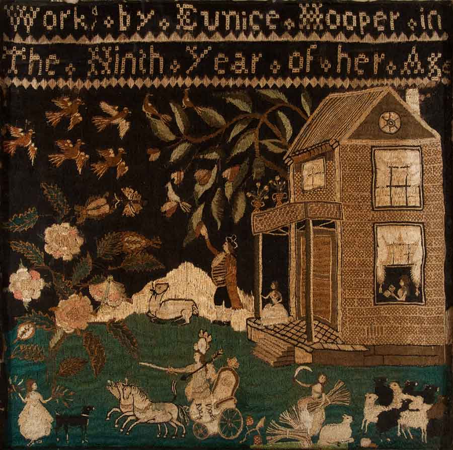 Eunice Hooper’s Sampler, ca. 1790. Silk on linen, 21 x 21 ¼ in. Collection of Jonathan and Karin Fielding.
