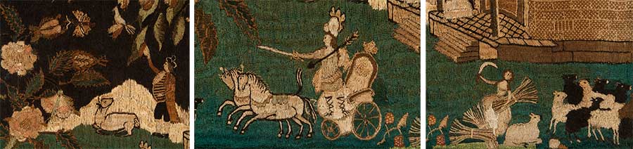 Left to right: Details depicting a pastoral landscape, a helmeted figure riding in a chariot, and a fall harvest, from Eunice Hooper’s Sampler, ca. 1790. Photograph by Kate Lain.