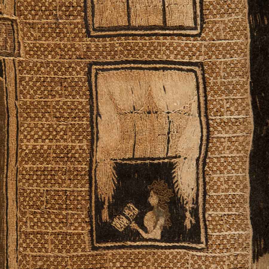 Detail of a woman reading in a Georgian-style house, from Eunice Hooper’s Sampler. Photograph by Kate Lain.