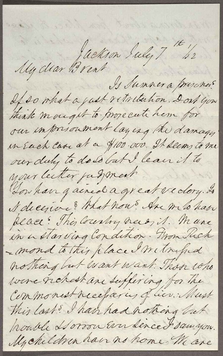 William McKendree Gwin (1805–1885) to Joseph Lancaster Brent (1826–1905), July 7, 1862, first page of a four-page letter. 