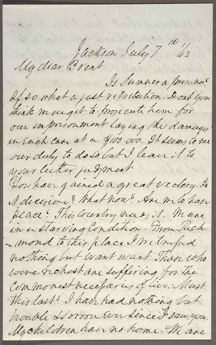 William McKendree Gwin (1805–1885) to Joseph Lancaster Brent (1826–1905), July 7, 1862, first page of a four-page letter.