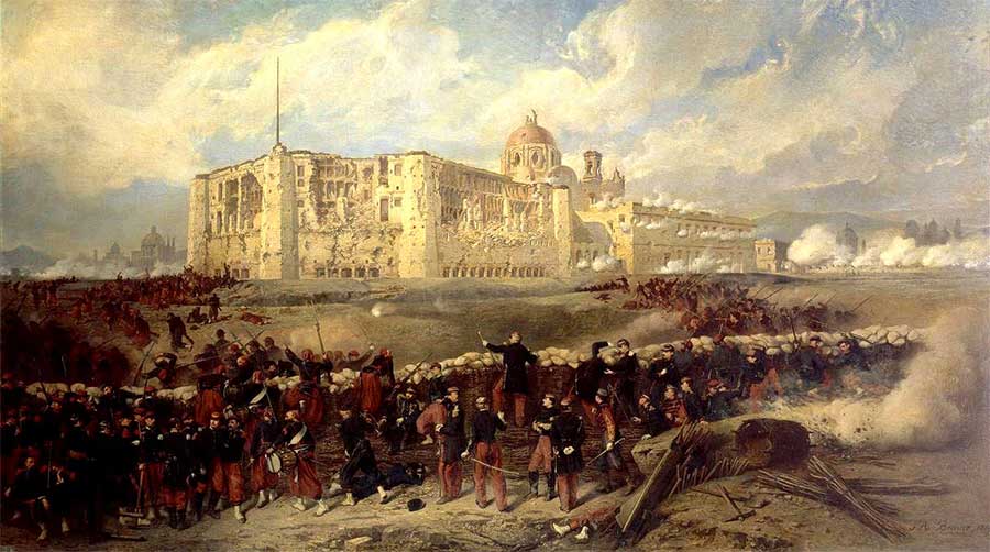 Jean-Adolphe Beaucé (1818–1875), Le Général Bazaine attaque le fort de San-Xavier lors du siège de Puebla, 29 mars 1863 (General Bazaine attacks the fort of San Xavier during the siege of Puebla, 29 March 1863), 1867, oil on canvas, 84.6 x 147.6 in (215 x 375 cm). © RMN-Grand Palais (Château de Versailles) Gérard Blot. This painting depicts the siege of Puebla during the French invasion of Mexico.