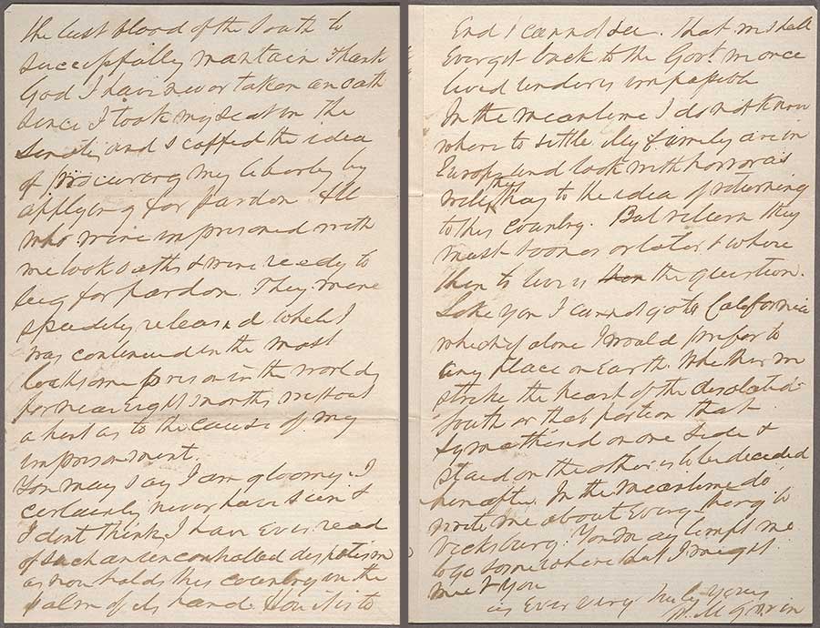 William McKendree Gwin (1805–1885) to Joseph Lancaster Brent (1826–1905), June 13, 1866, fifth and sixth pages of a six-page letter. 