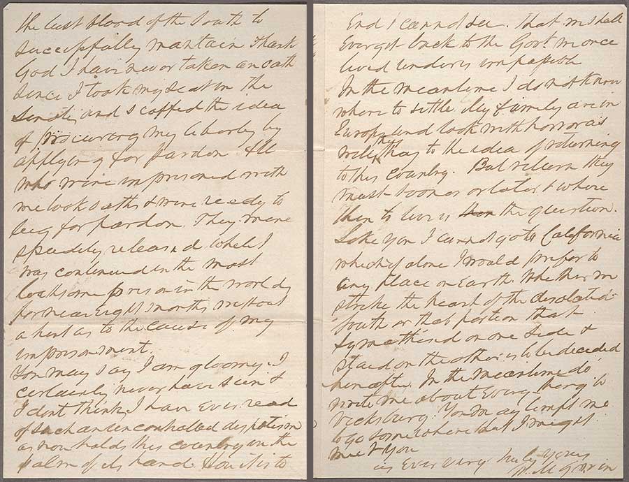 William McKendree Gwin (1805–1885) to Joseph Lancaster Brent (1826–1905), June 13, 1866, fifth and sixth pages of a six-page letter.