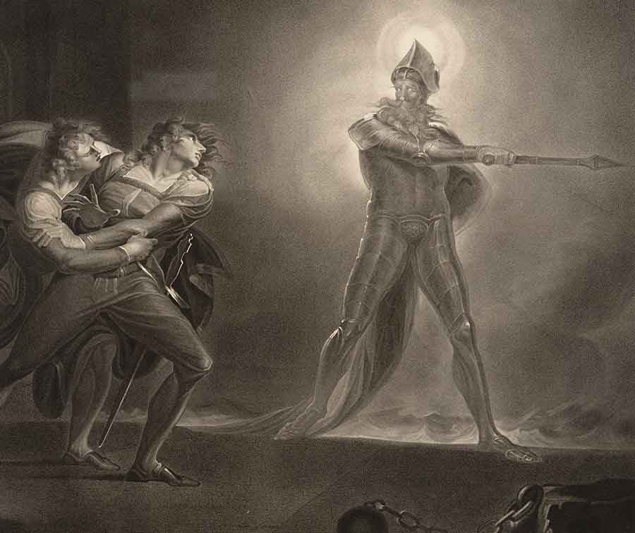 Hamlet and the ghost of Hamlet’s father in Hamlet, Prince of Denmark, Act I, Scene IV (engraving based on a painting by Henry Fuseli), from A collection of prints, from pictures painted for the purpose of illustrating the dramatic works of Shakespeare, by the artists of Great Britain, London: John and Josiah Boydell, 1805.