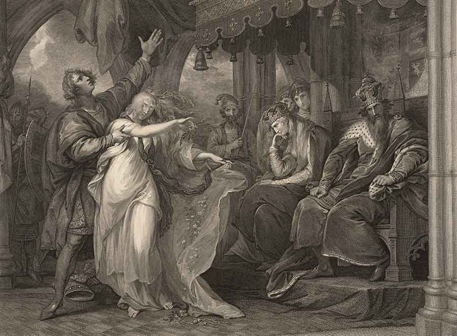 Ophelia, with her brother Laertes beside her, madly laments the death of her father, Polonius, before Queen Gertrude and King Claudius. Prince of Denmark, Act IV, Scene V (engraving based on a painting by Benjamin West) from A collection of prints, from pictures painted for the purpose of illustrating the dramatic works of Shakespeare, by the artists of Great Britain, London: John and Josiah Boydell, 1805. 