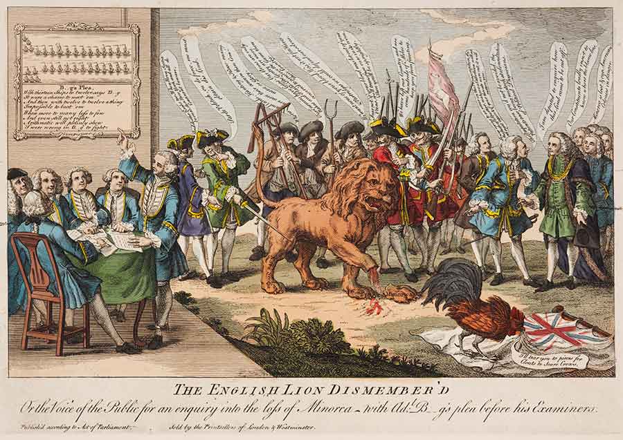 This print shows treacherous government ministers dismembering the British lion while a French rooster tears at the national colors.