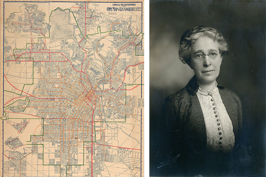 Left: Detail of Official Transportation and City Map of Los Angeles, 1919. The Huntington Library, Art Collections, and Botanical Gardens. Right: Laura L. Whitlock. Unknown date and photographer. Security Pacific National Bank Collection/Los Angeles Public Library.