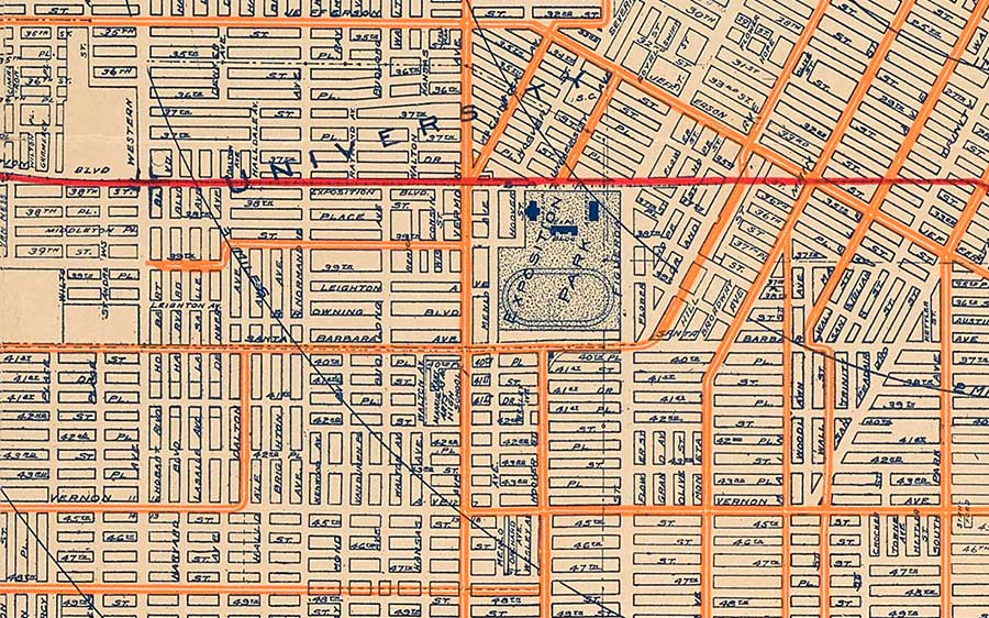 To say Whitlock was obsessed with detail is an understatement. Exposition Park is a small square on her map, yet she still locates the Natural History Museum, Expo Bloc, Armory, and the racetrack-turned-rose-garden within it.