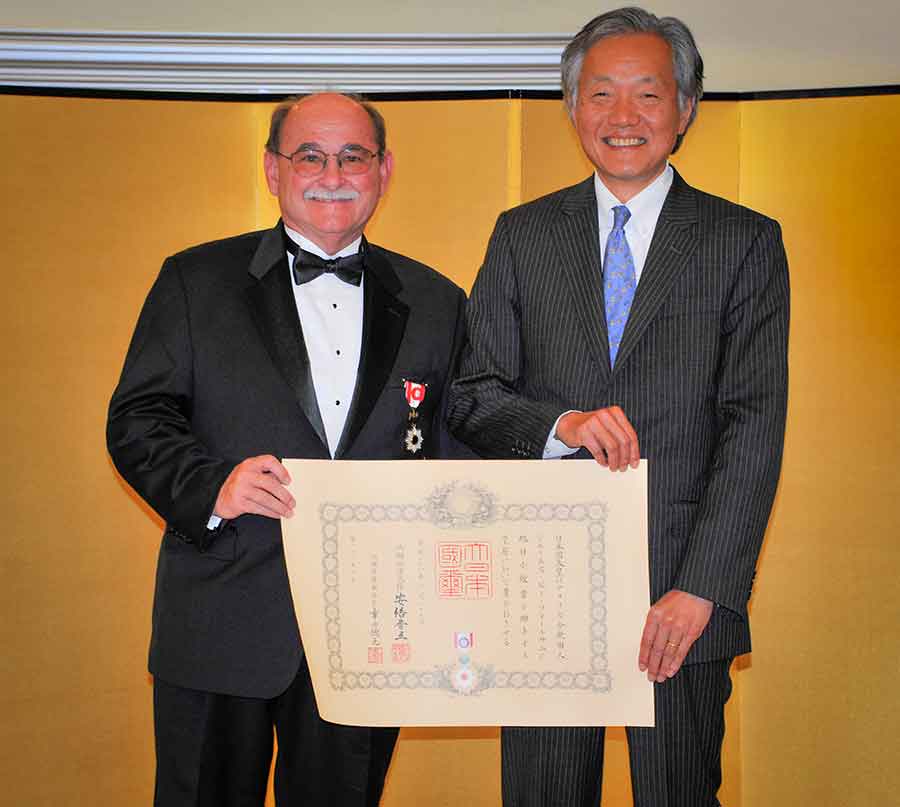 James Folsom poses with Consul General Harry H. Horinouchi on June16, 2016, after being awarded the imperial Order of the Rising Sun, Gold Rays with Rosette, for his work promoting Japanese culture in the United States. Photograph by Andrew Mitchell. 