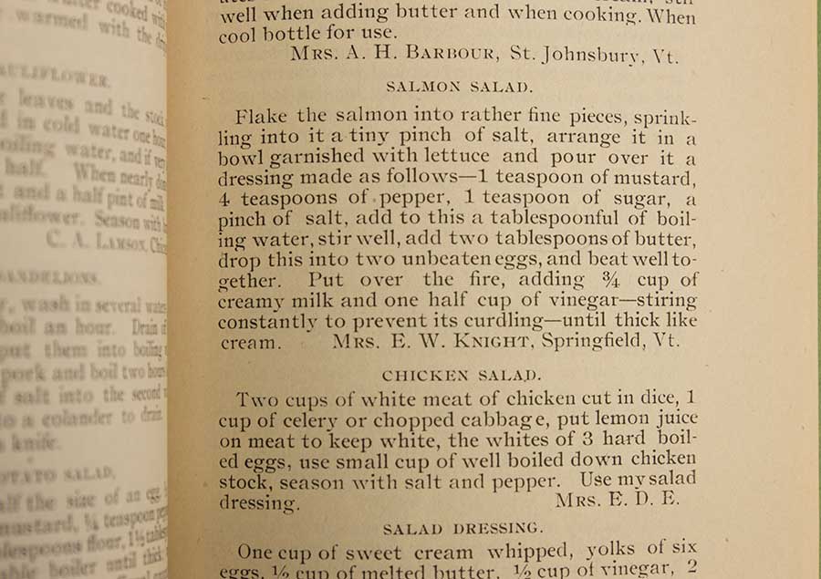 Recipes in The Green Mountain White Ribbon Cook Book, published by the Woman’s Christian Temperance Union of Vermont, ca. 1895. Photograph by Kate Lain.