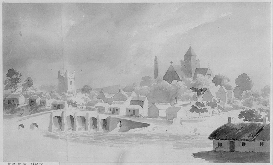 Perhaps by John Clarendon Smith (British, 1778–1810), Kilkenny, undated, wash over pencil, unfinished, 9 3/4 x 16 1/8 in. (24.8 x 41 cm.). Gilbert Davis Collection. The Huntington Library, Art Museum, and Botanical Gardens. The large church building in the background is the St. Canice Cathedral, which has since lost the belfry. The round tower next to it still stands today.