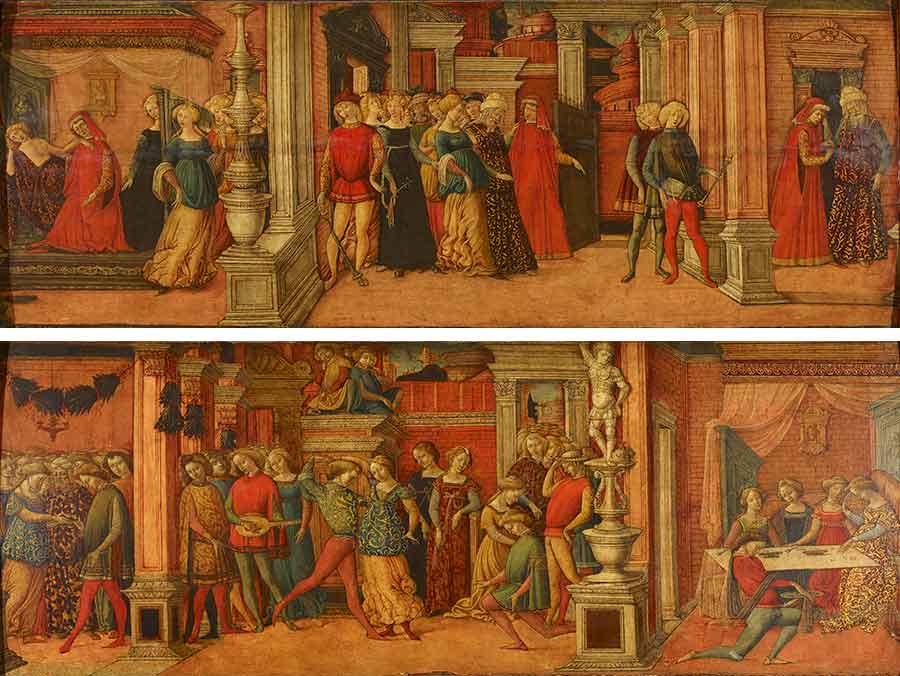 Michele Ciampanti’s Antiochus and Stratonice, ca. 1470, tempera on panel. The six scenes—three per panel—depict a continuous narrative meant to be read from left to right, like a comic strip. The Arabella D. Huntington Memorial Art Collection.