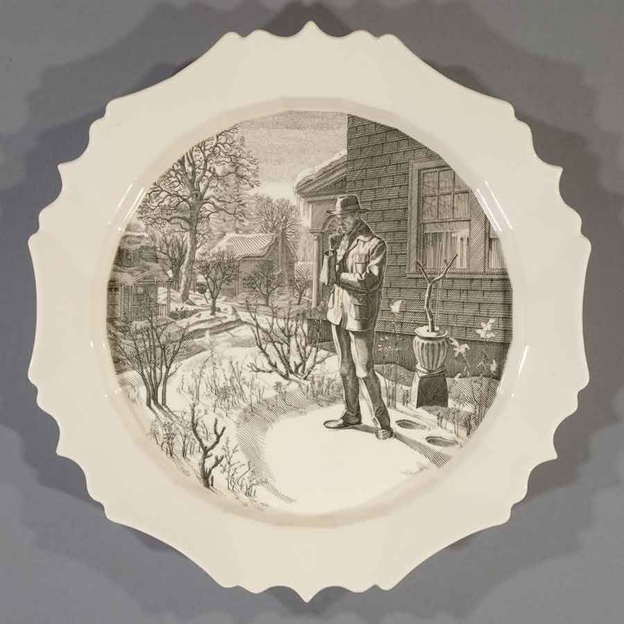Andrew Raftery, December: Contemplating the Snow, 2009-16, engravings transfer printed on glazed white earthenware, diameter: 12 1/2 in. (31.8 cm). The Huntington Library, Art Museum, and Botanical Gardens. Purchased with funds from Richard Benefield and John F. Kunowski. © Andrew Raftery.