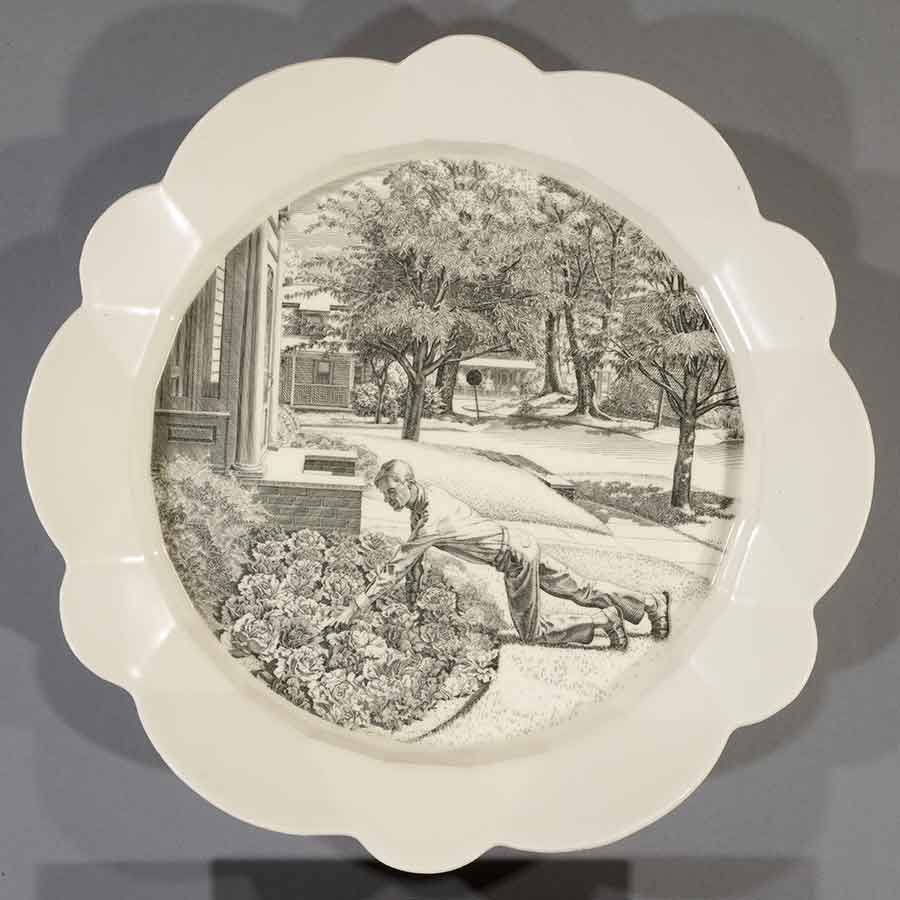 Andrew Raftery, May: Cultivating Lettuce, 2009-16, engravings transfer printed on glazed white earthenware, diameter: 12 1/2 in. (31.8 cm). The Huntington Library, Art Museum, and Botanical Gardens. Purchased with funds from Richard Benefield and John F. Kunowski. © Andrew Raftery.