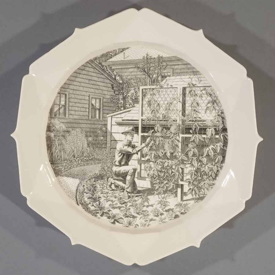 Andrew Raftery, June: Training a Passion Vine, 2009-16, engravings transfer printed on glazed white earthenware, diameter: 12 1/2 in. (31.8 cm). The Huntington Library, Art Museum, and Botanical Gardens. Purchased with funds from Richard Benefield and John F. Kunowski. © Andrew Raftery.