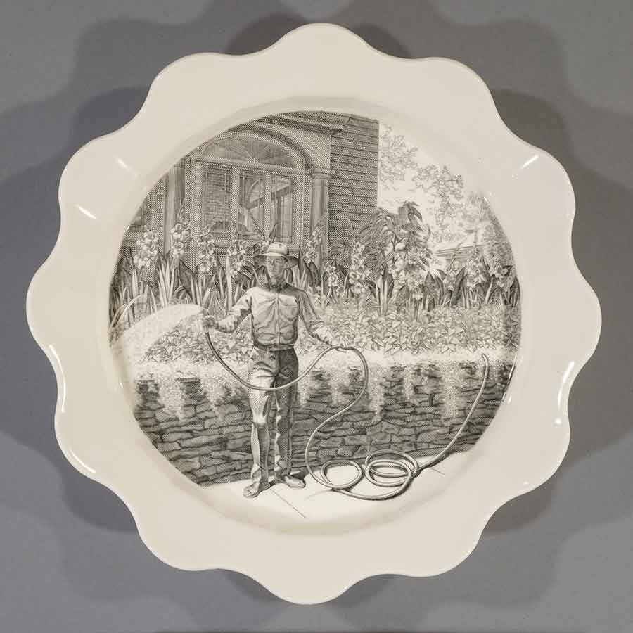 Andrew Raftery, July: Fertilizing, 2009-16, engravings transfer printed on glazed white earthenware, diameter: 12 1/2 in. (31.8 cm). The Huntington Library, Art Museum, and Botanical Gardens. Purchased with funds from Richard Benefield and John F. Kunowski. © Andrew Raftery.