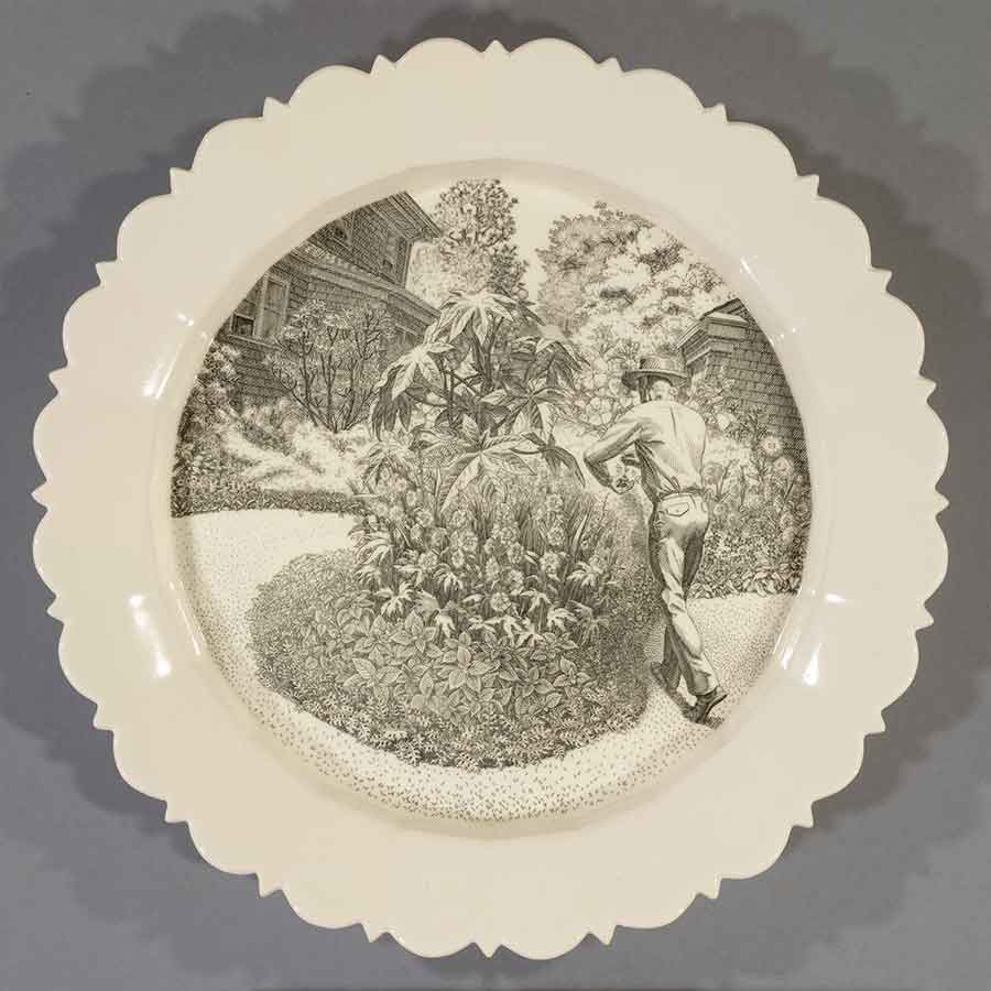 Andrew Raftery, August: Deadheading, 2009-16, engravings transfer printed on glazed white earthenware, diameter: 12 1/2 in. (31.8 cm). The Huntington Library, Art Museum, and Botanical Gardens. Purchased with funds from Richard Benefield and John F. Kunowski. © Andrew Raftery.