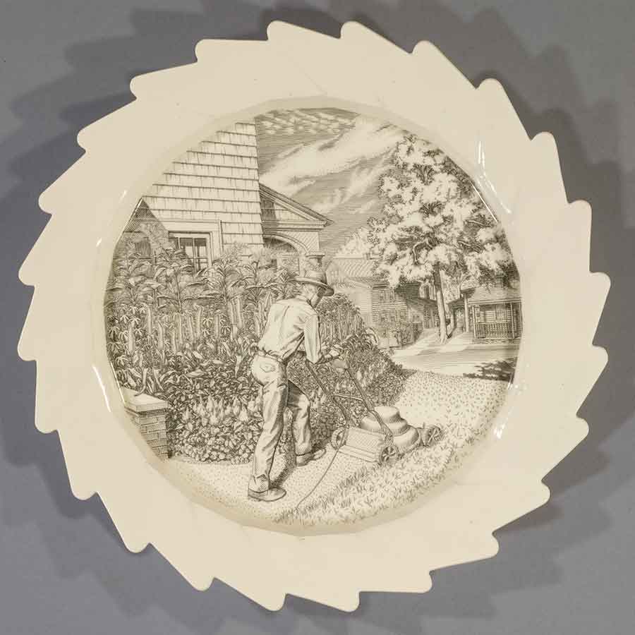 Andrew Raftery, September: Mowing, 2009-16, engravings transfer printed on glazed white earthenware, diameter: 12 1/2 in. (31.8 cm). The Huntington Library, Art Museum, and Botanical Gardens. Purchased with funds from Richard Benefield and John F. Kunowski. © Andrew Raftery.