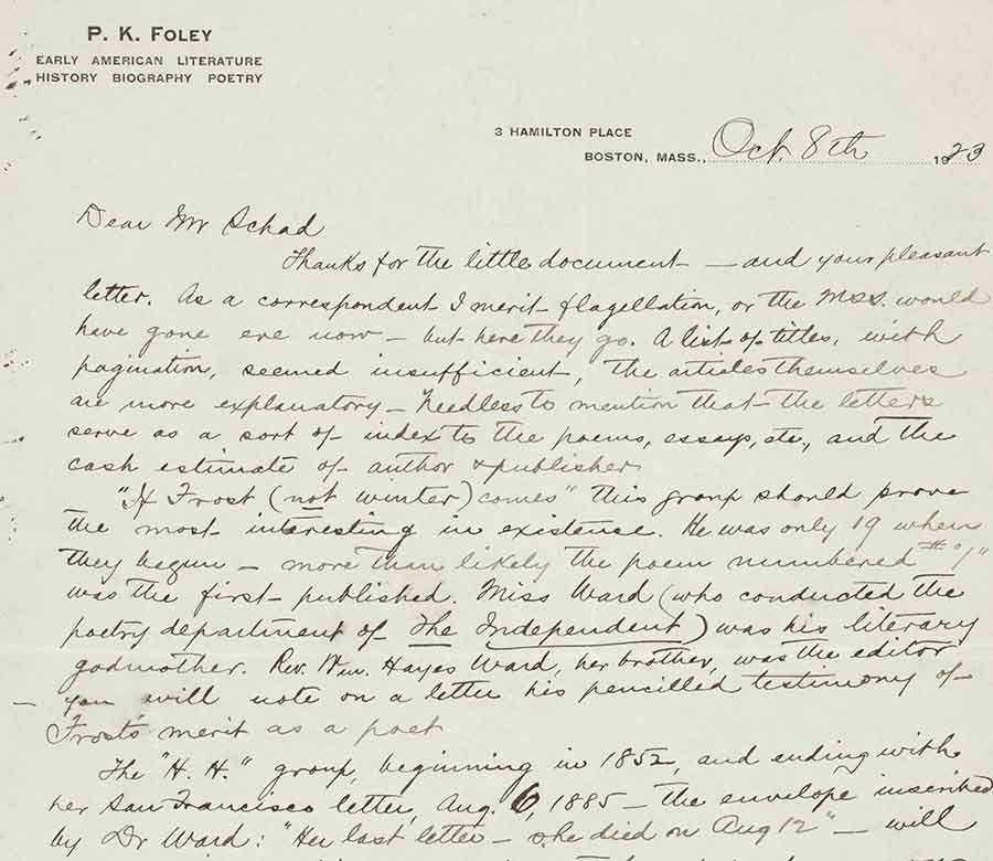 Detail of a letter from the Boston bookseller and bibliographer P. K. Foley to Robert O. Shad