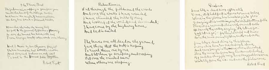 Details of three poetry manuscripts in the hand of Robert Frost—“The Flower Boat,” “Reluctance,” and “Despair.”
