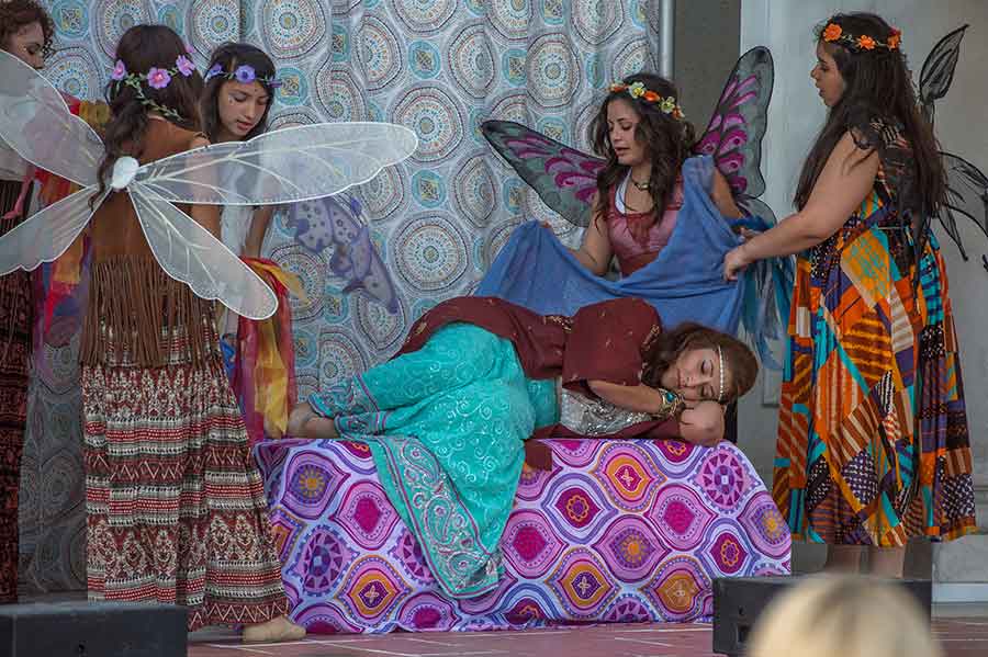 On April 17, 2015, students from the East Los Angeles Performing Arts Academy at Esteban E. Torres High School performed A Midsummer Night’s Dream on the South Terrace of the Huntington Art Gallery. Fairy Queen Titania, played by Mariah Gonzalez, was sung to sleep by her fairy attendants (left to right): Skyla de la Torre, Wendy Lopez, Jacey Caceres, Jasmine Tucker, and Alexa Mendoza. Photograph by Martha Benedict.