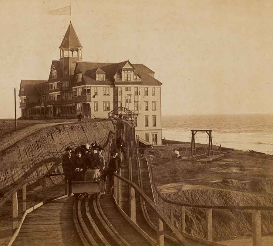 Passengers riding the Thompson Switchback Gravity Railroad from the Arcadia Hotel into Santa Monica, ca. 1887. Photograph by E. G. Morrison.