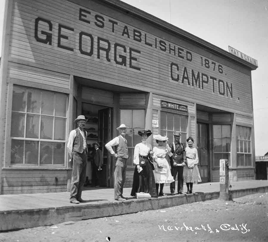 George Campton’s general store, Newhall, Calif., 1890s. Campton—thought to be second from left—was also the Newhall postmaster from 1877 to 1886. Photograph by George W. Hazard.
