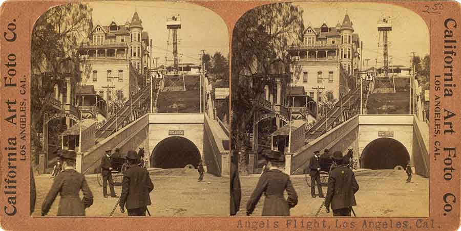 Angels Flight, Los Angeles, ca. 1902–8. The Angels Flight incline railway, which opened in 1901, is seen to the left of the Third Street tunnel, at the intersection of Hill Street in downtown L.A. One of the grand residences of Bunker Hill, the three-story Crocker Mansion, built in 1886, is seen at top left. Photographs by California Art Foto Company.