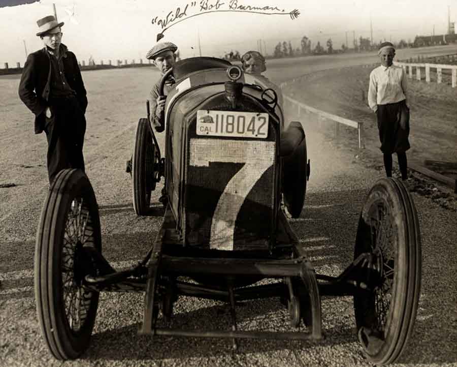 Race car driver “Wild” Bob Burman at a Los Angeles racetrack, 1916; photograph by Stagg Photo Service.