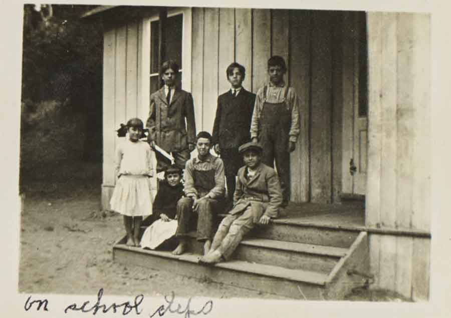 Children on steps of Garapatos School, Topanga Canyon, June 6, 1913; photograph by Theresa Sletton.
