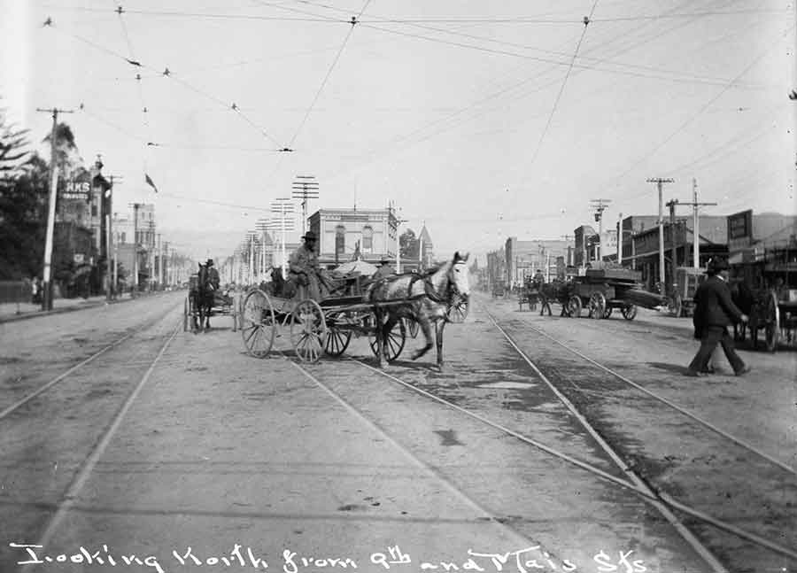 “Looking North from 9th and Main Sts,” downtown Los Angeles, ca. 1890–1908; photograph by George W. Hazard.
