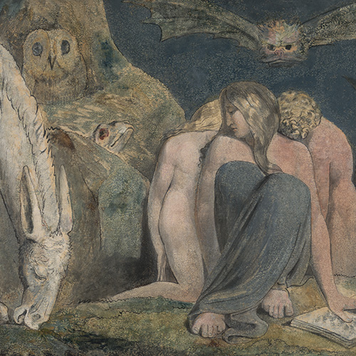 Three naked people sit close together in a dark dark cave where animals are watching one of the people try to read and others trying to keep warm.