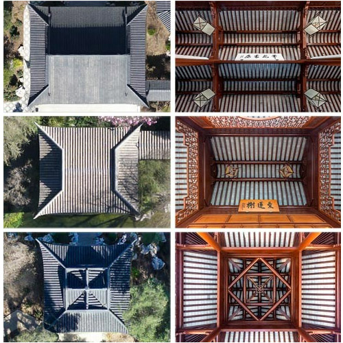 collage of six Chinese pavilion roof pics from underneath
