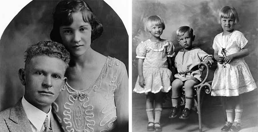 Left: Lyman and Lillian Curtis, soon after their wedding in Bakersfield in 1921. Lyman worked for the municipally owned Bureau of Power and Light, and he and his family resided near San Francisquito Power House No. 2. Lillian survived the flood, but Lyman perished along with their two young daughters. Photograph credit: SCVHistory.com. Right: Mazie, Daniel, and Marjorie Curtis in happier times, before the St. Francis Dam disaster. The two Curtis daughters drowned in the flood but Daniel was miraculously saved by his mother. Both mother and son attended the ceremonies in 1978 marking the 50th anniversary of the disaster. Photograph credit: SCVHistory.com.