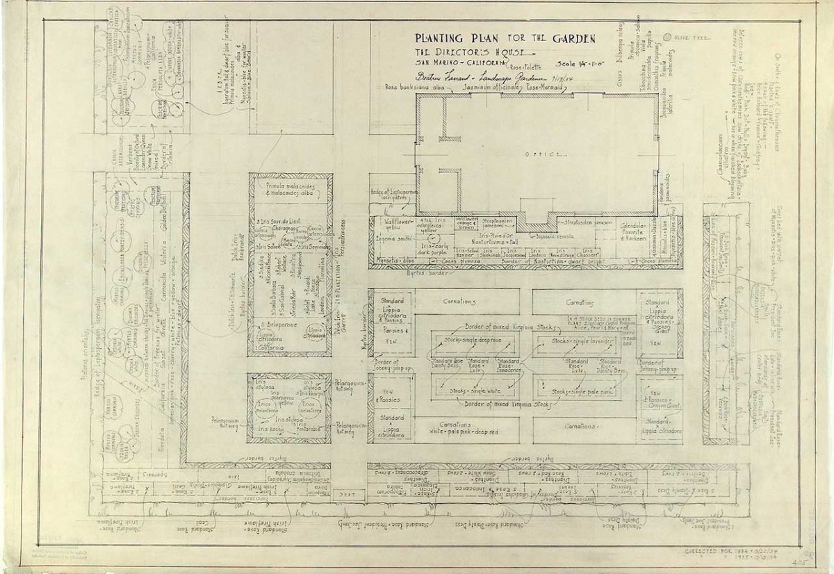 Beatrix Farrand’s landscape design for the director’s house at The Huntington, 1934. (Click the image above to see a larger version of it.) This revision of her original landscape design comprises carnations, pansies, roses, petunias, irises, and chrysanthemums, among others.