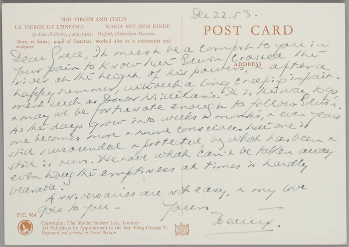 Beatrix Farrand sent condolences to her friend Grace Hubble, the wife of astronomer Edwin Hubble, after his death in 1953. Her note begins: “Dear Grace, it must be a comfort to you in your pain to know that Edwin crossed the river at the height of his powers . . .” Edwin Hubble Papers. 