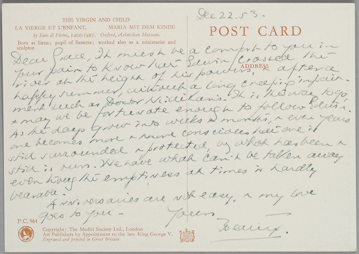 Beatrix Farrand sent condolences to her friend Grace Hubble, the wife of astronomer Edwin Hubble, after his death in 1953. Her note begins: “Dear Grace, it must be a comfort to you in your pain to know that Edwin crossed the river at the height of his powers . . .” Edwin Hubble Papers.