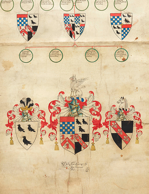 Palmer Family Genealogical Roll of Arms signed by Robert Cooke, Clarenceaux King of Arms, ca.1575–1584, parchment, 8.5 feet in length. The Huntington Library, Art Collections, and Botanical Gardens.