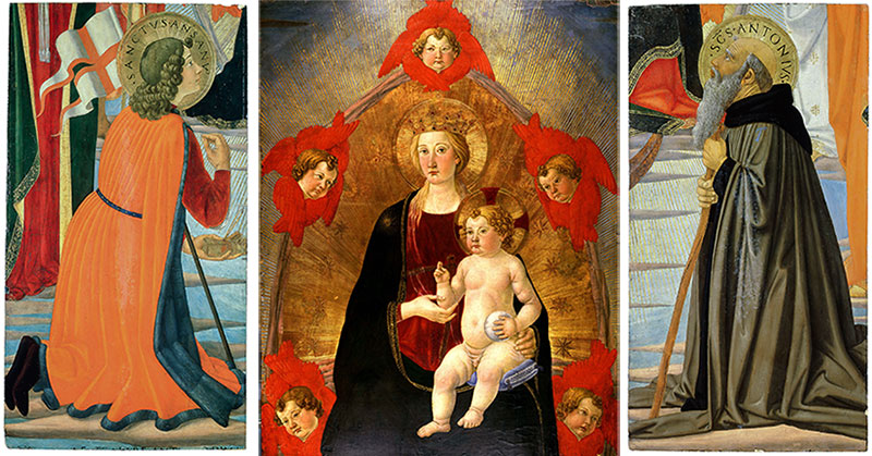Two newly acquired works by Cosimo Rosselli —Saint Ansanus (left) and Saint Anthony Abbot (right), both painted ca. 1470—rejoin Rosselli’s Madonna and Child in Glory (center) in The Huntington’s collections.