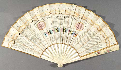 Robert Rowe, The Ladies Telegraph fan, London, 1798. Hand-colored engraving on paper and wood. 10 1/4 x 18 5/8 in. (open). Coded messages could be exchanged between women using an innovative 18th-century printed fan. Purchase, Lodge Fund, 2012. The Huntington Library, Art Museum, and Botanical Gardens. 