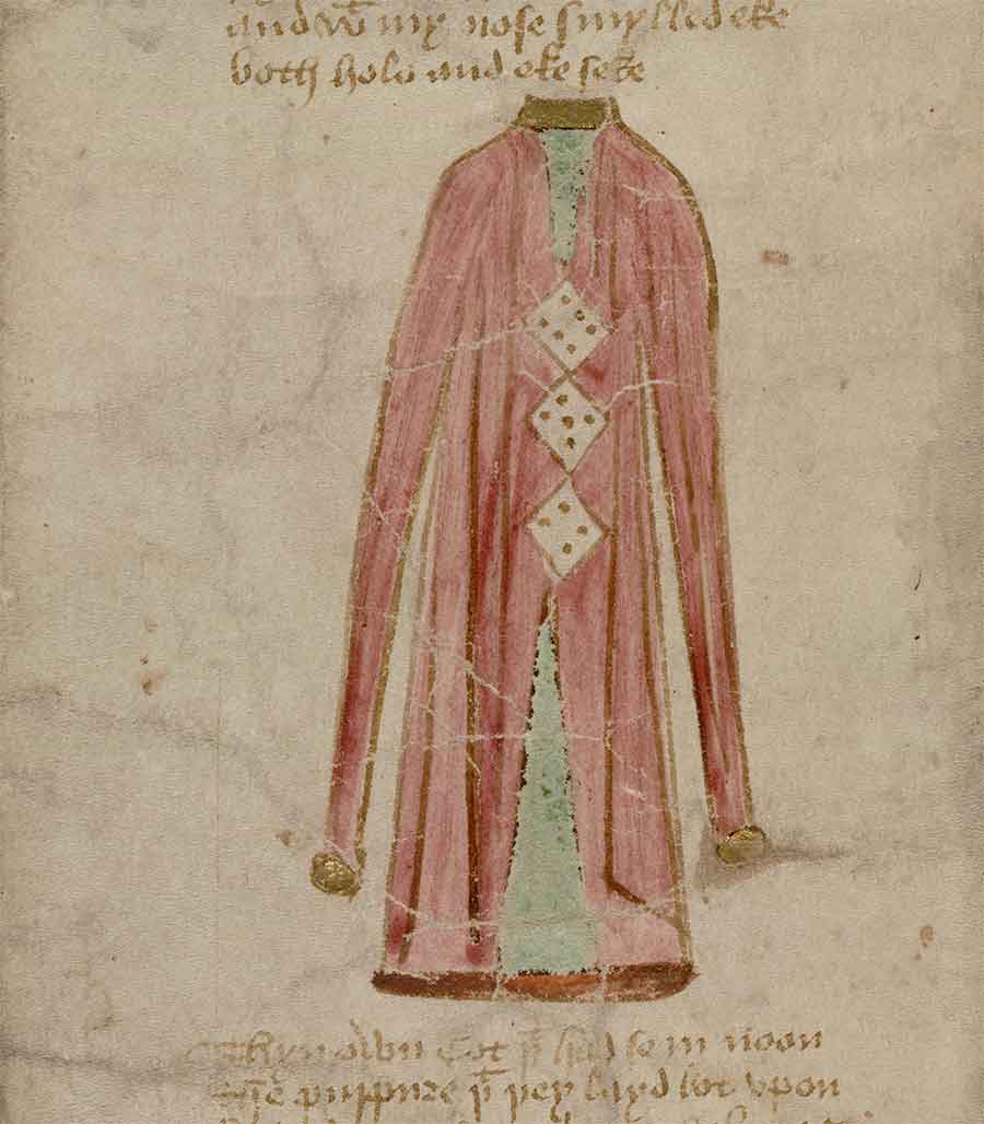 This detail from the manuscript shows Christ’s garment, along with the dice that Roman soldiers are said to have used to gamble for it. In the “O Vernicle” stanza below the garment, these objects are used to help protect the speaker from wearing or coveting inappropriate clothing. This detail from the manuscript shows Christ’s garment, along with the dice that Roman soldiers are said to have used to gamble for it. In the “O Vernicle” stanza below the garment, these objects are used to help protect the speaker from wearing or coveting inappropriate clothing.