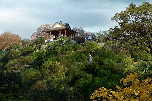 Artist’s rendering of the Star-Gazing Tower 望星樓, one of the new features being built in the final phase of the Chinese Garden. Situated on the highest point in the garden, the Stargazing Tower will provide a view of the Mount Wilson Observatory in the distance. The Huntington Library, Art Museum, and Botanical Gardens.