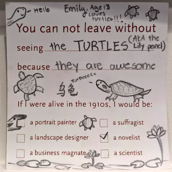hand-written card to see the turtles